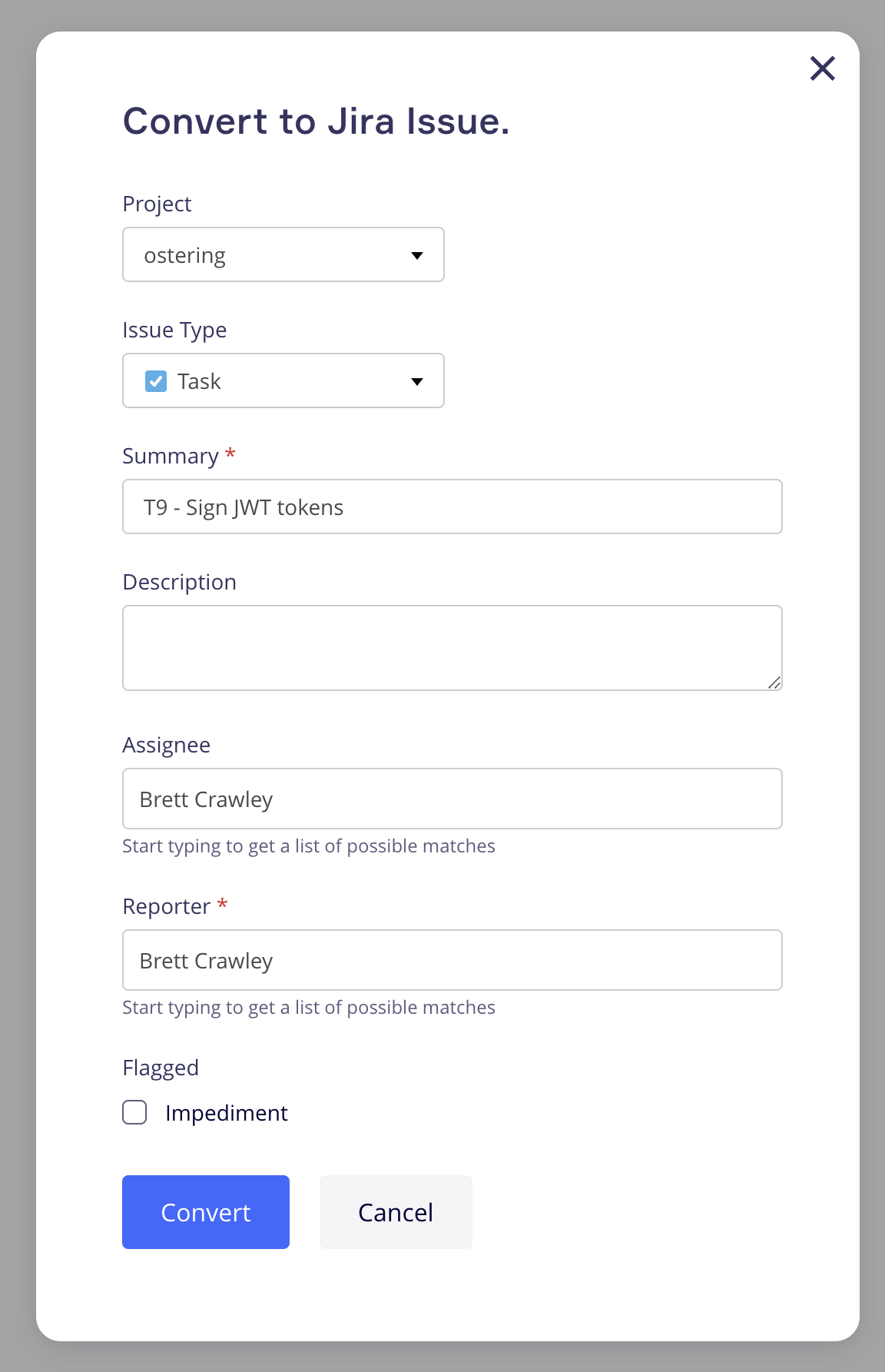 convert to Jira issue dialog