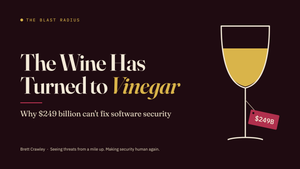 Line drawing of a wine glass filled with pale vinegar, with a price tag reading $249B hanging from the stem, beside the title "The Wine Has Turned to Vinegar".